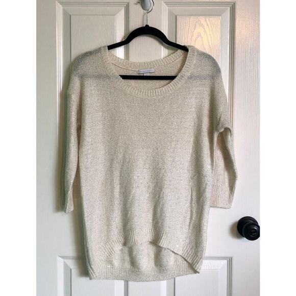 New York & Company Cream Lightly Striped 3/4 Sleeve Sequin Sweater - Medium - Picture 1 of 8